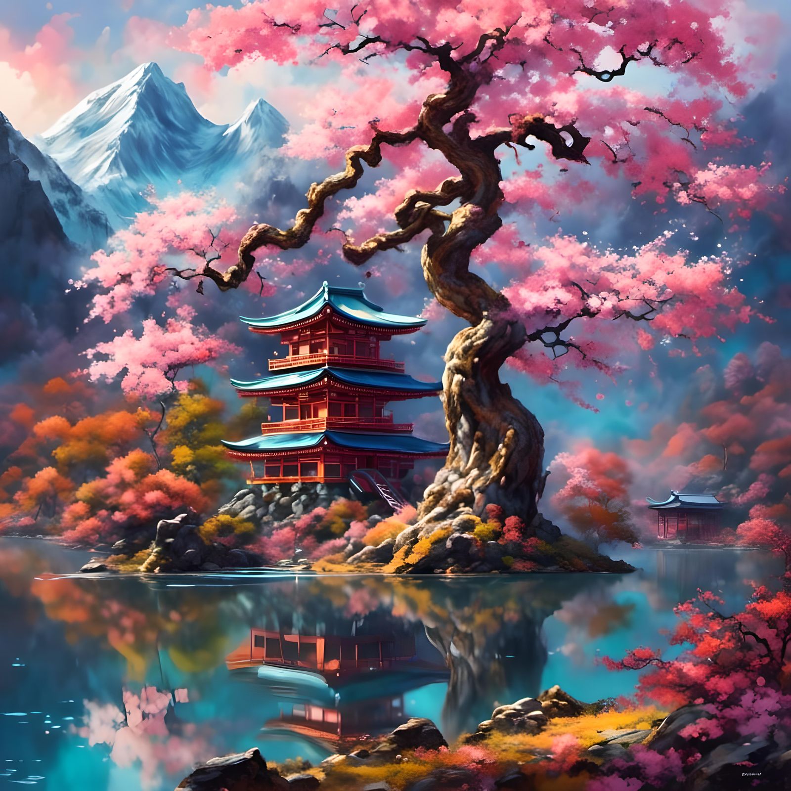 A beautiful ancient sakura tree in front of a lake.