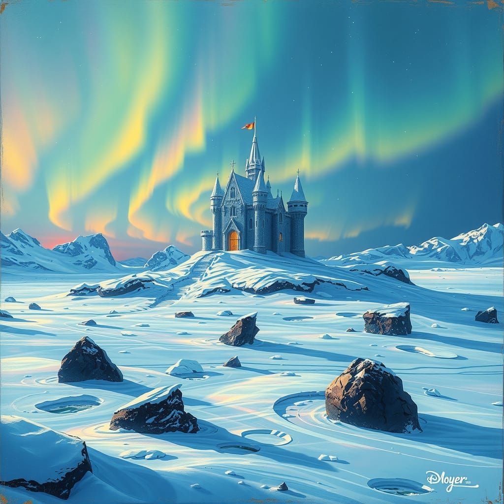 Ice Castle Amidst Antarctic Aurora