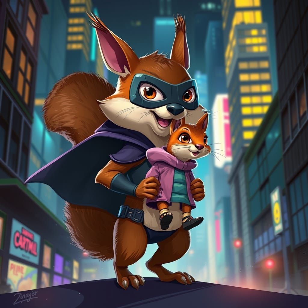 Squirrel Superhero Carries Tiny Human Through City