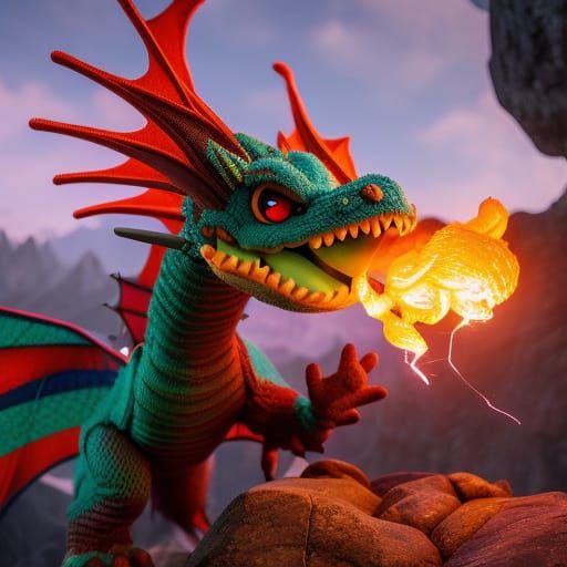 Yarn Dragon Breaths Fire in Fantasy Landscape