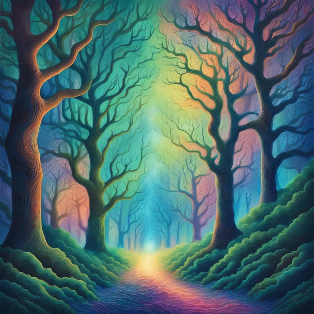 Cosmic Alley of Tall Green Trees in Mixed Media