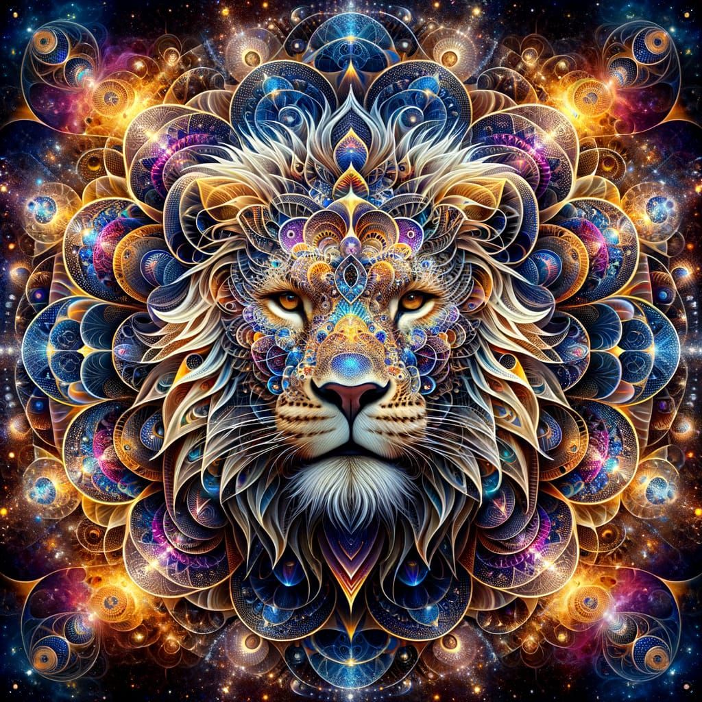 Majestic Lion Face with Kaleidoscopic Fractal Mane