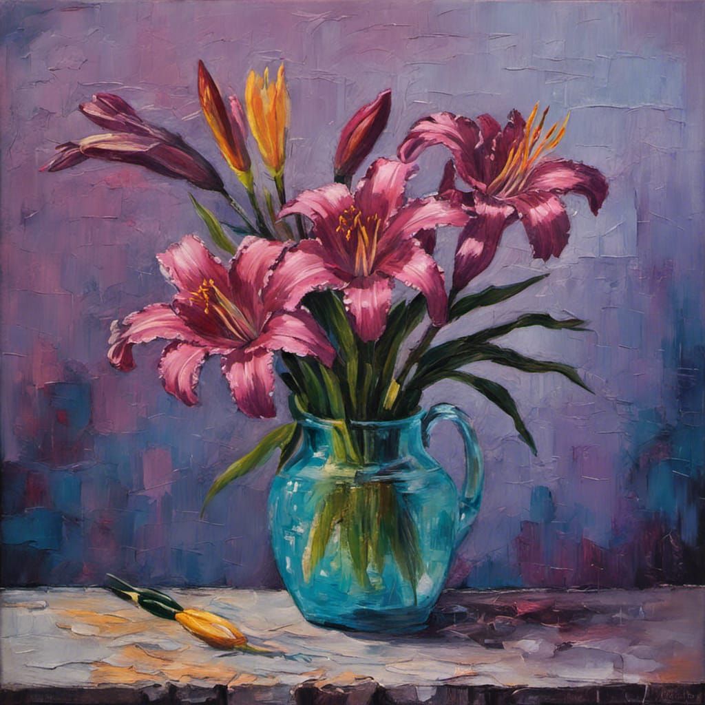 Fuchsia Daylilies Still Life as Impasto Oil Painting