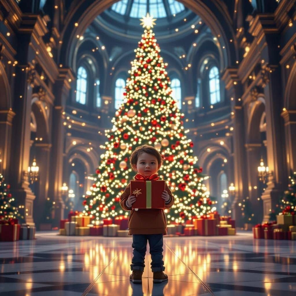 Child with Gift Before Citadel Christmas Tree