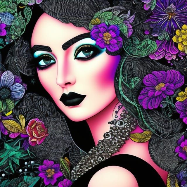 Aesthetic Gothic Girl Portrait with Zentangle Pop Art
