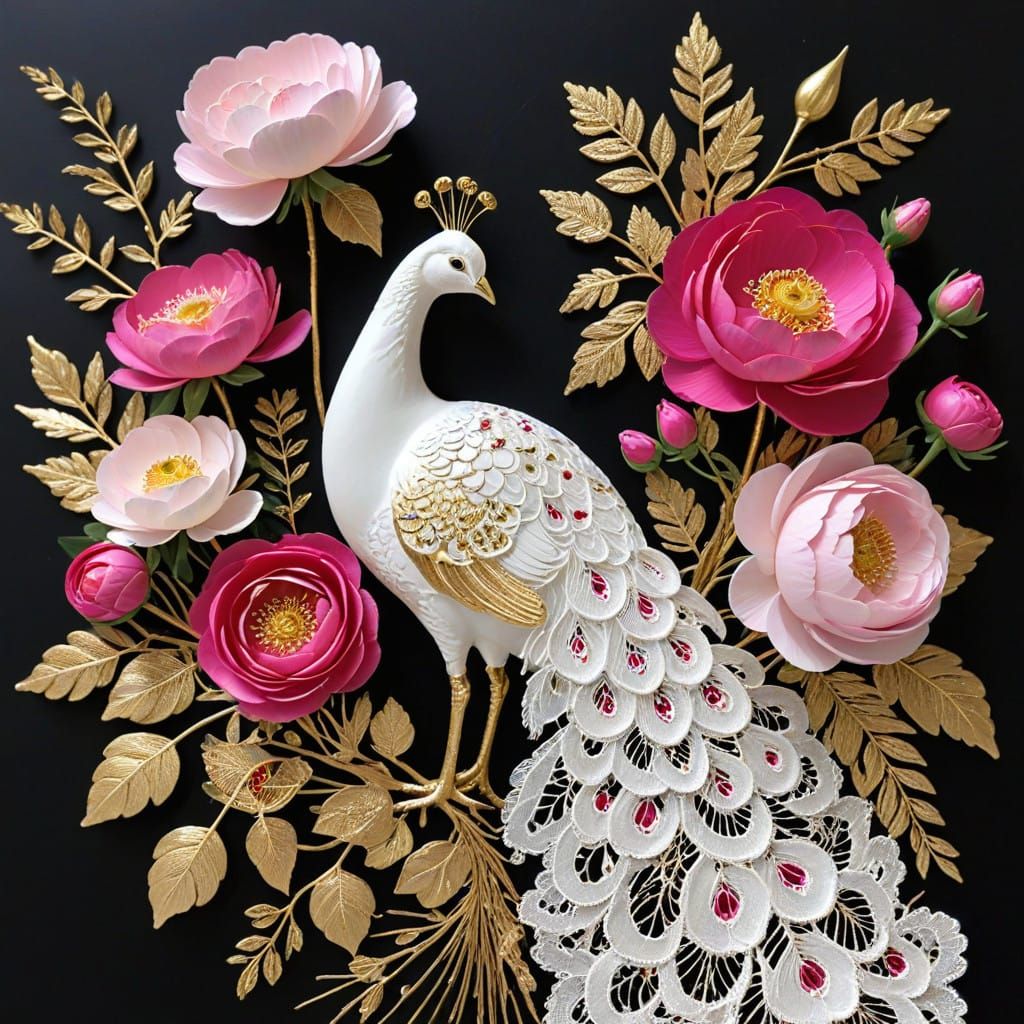 Ethereal White Peacock in Vibrant Floral Setting