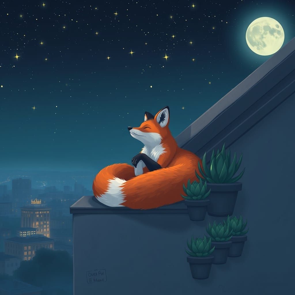 A relaxed fox lounges on the slanted roof of a quiet city bu...