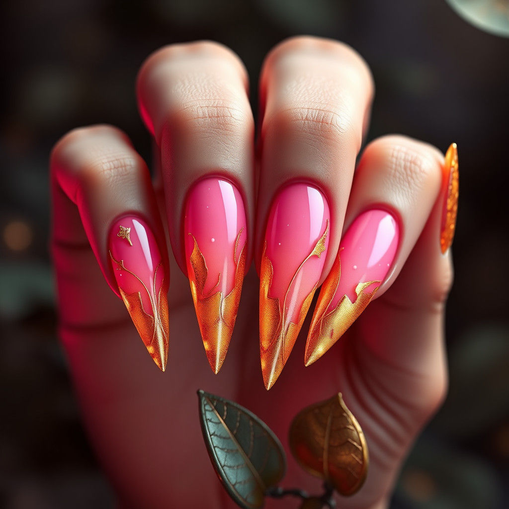 Stiletto Nails with 3D Foliage in Gold and Pink