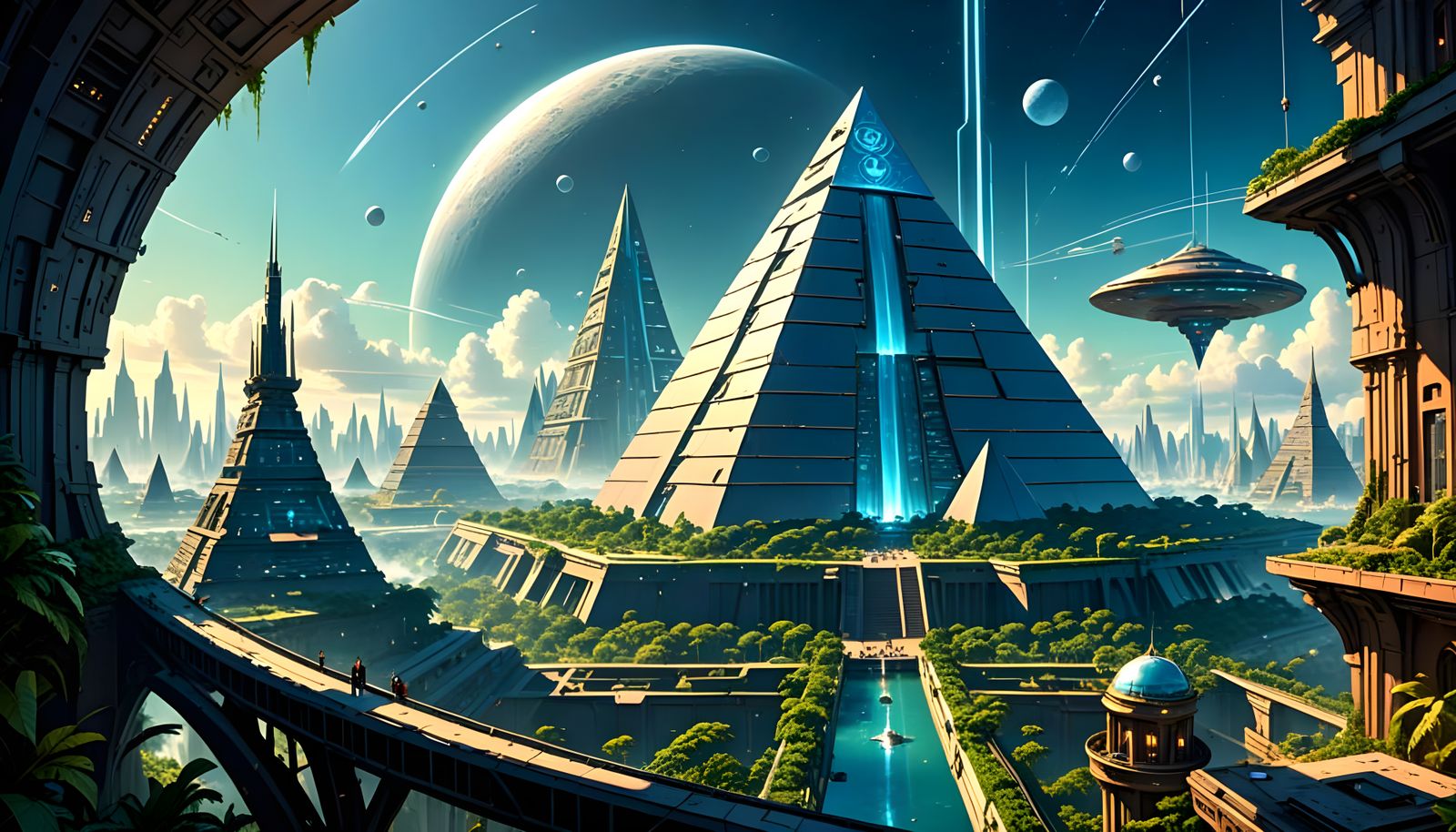 Ethereal Futuristic Utopia with Star Portal and Pyramid Spac...