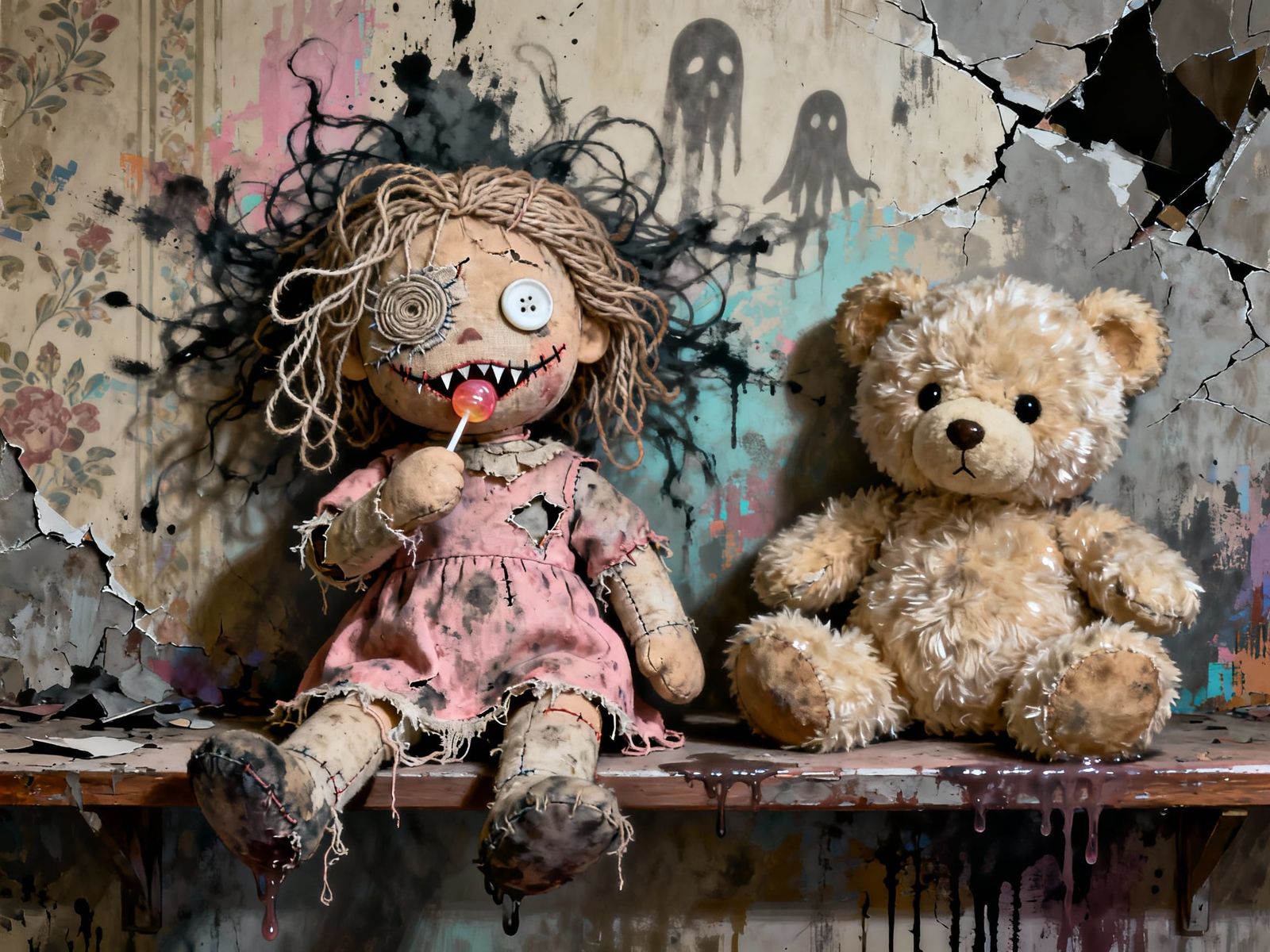 Eerie Illustration of Distorted Plush Doll and Horrified Ted...