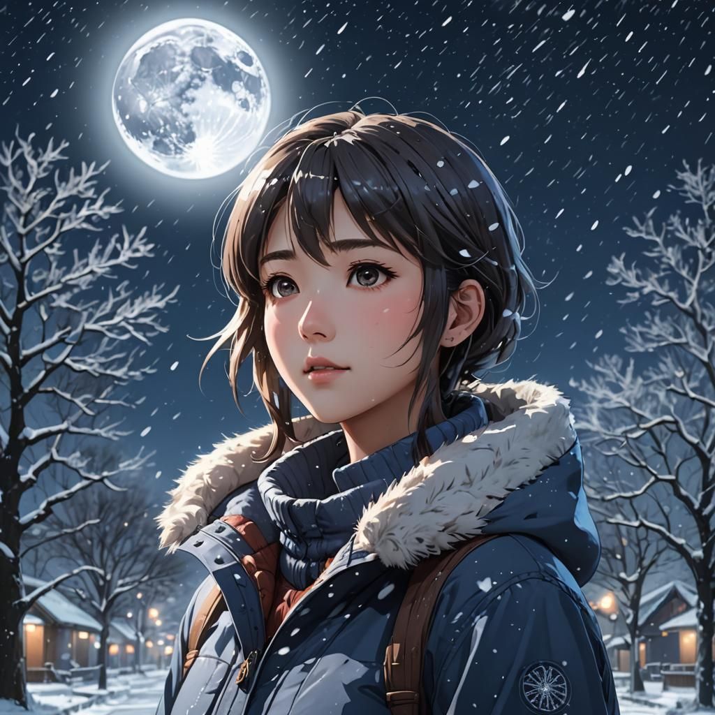 Anime Girl in Winter Moonlight, Makoto Shinkai Style