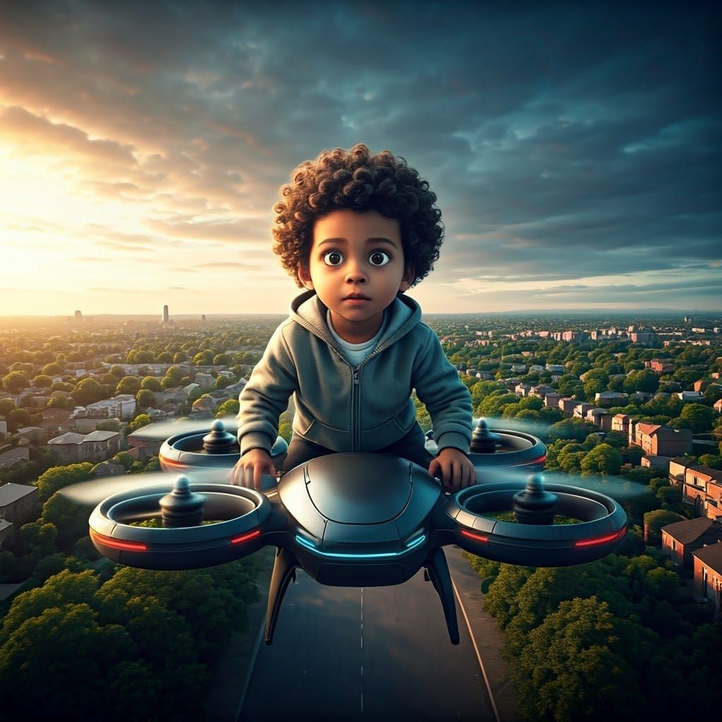 Boy Rides Futuristic Drone Over City Suburb
