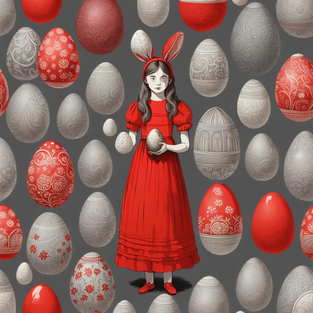 Girl with Intricate Easter Egg in Red Dress