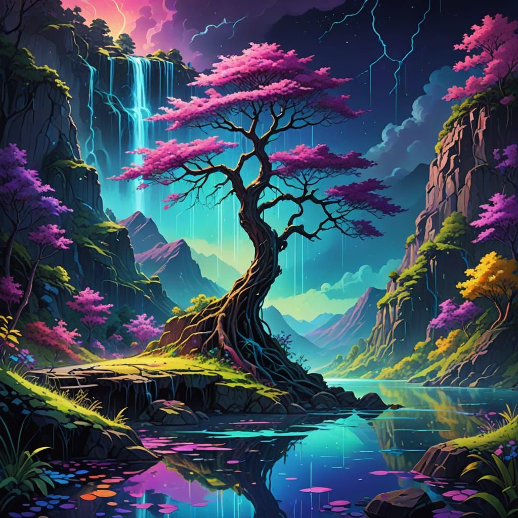 Vibrant Neon Tree Shines in Fantasy Landscape
