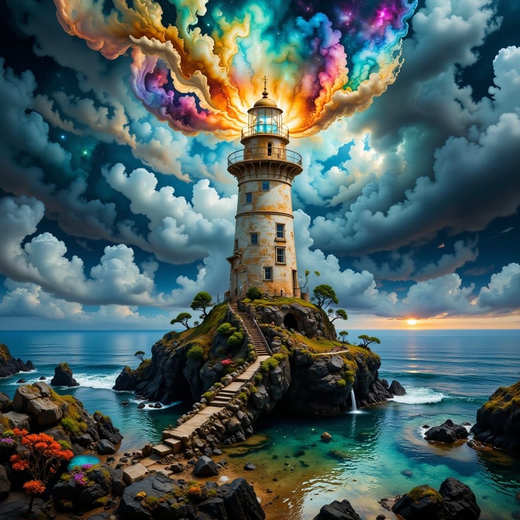 A gorgeous elaborate lighthouse stands on a large rock in the sea. The base of the lighthouse is surrounded by beautiful...