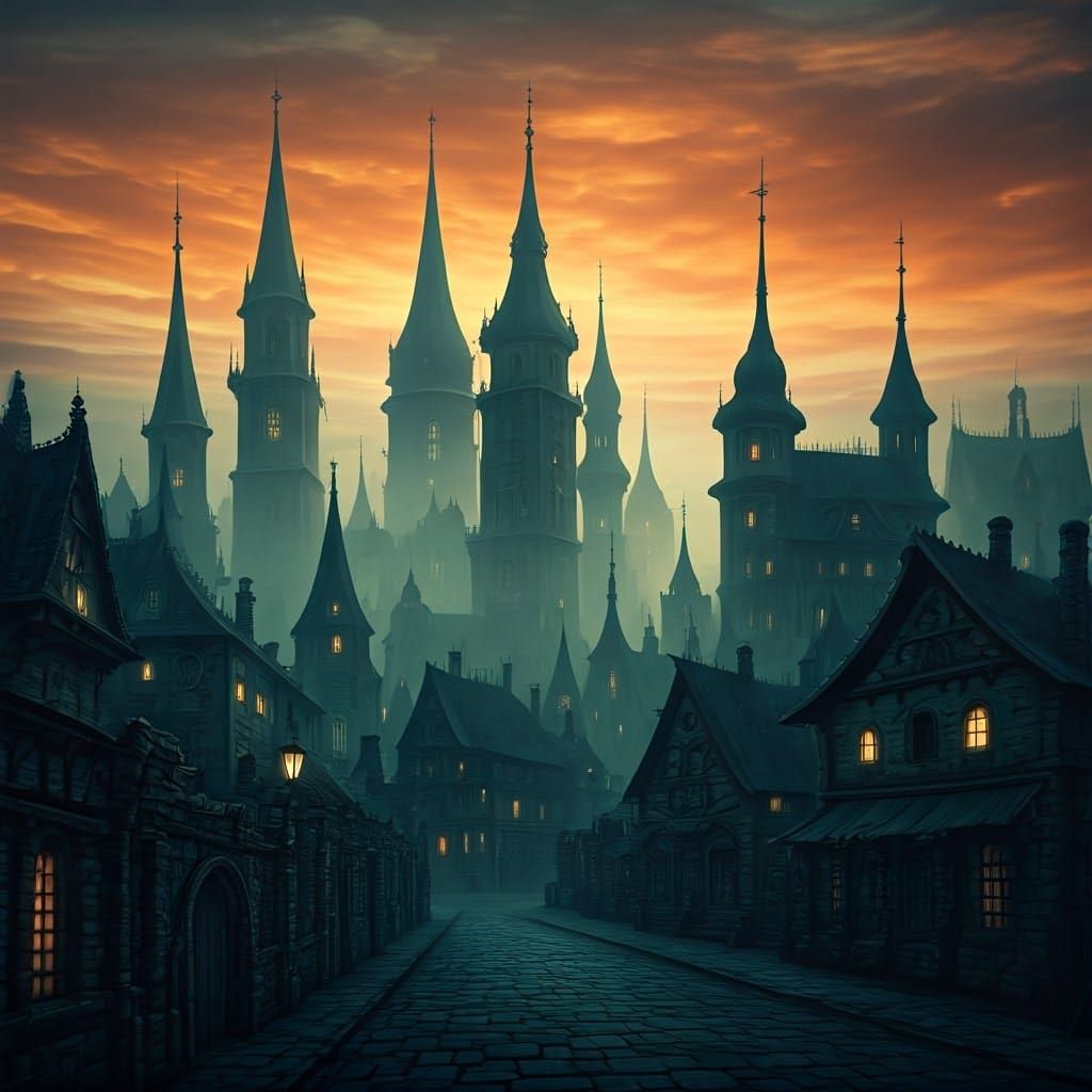Eerie Gothic Village at Dusk in Dark Surrealism Style