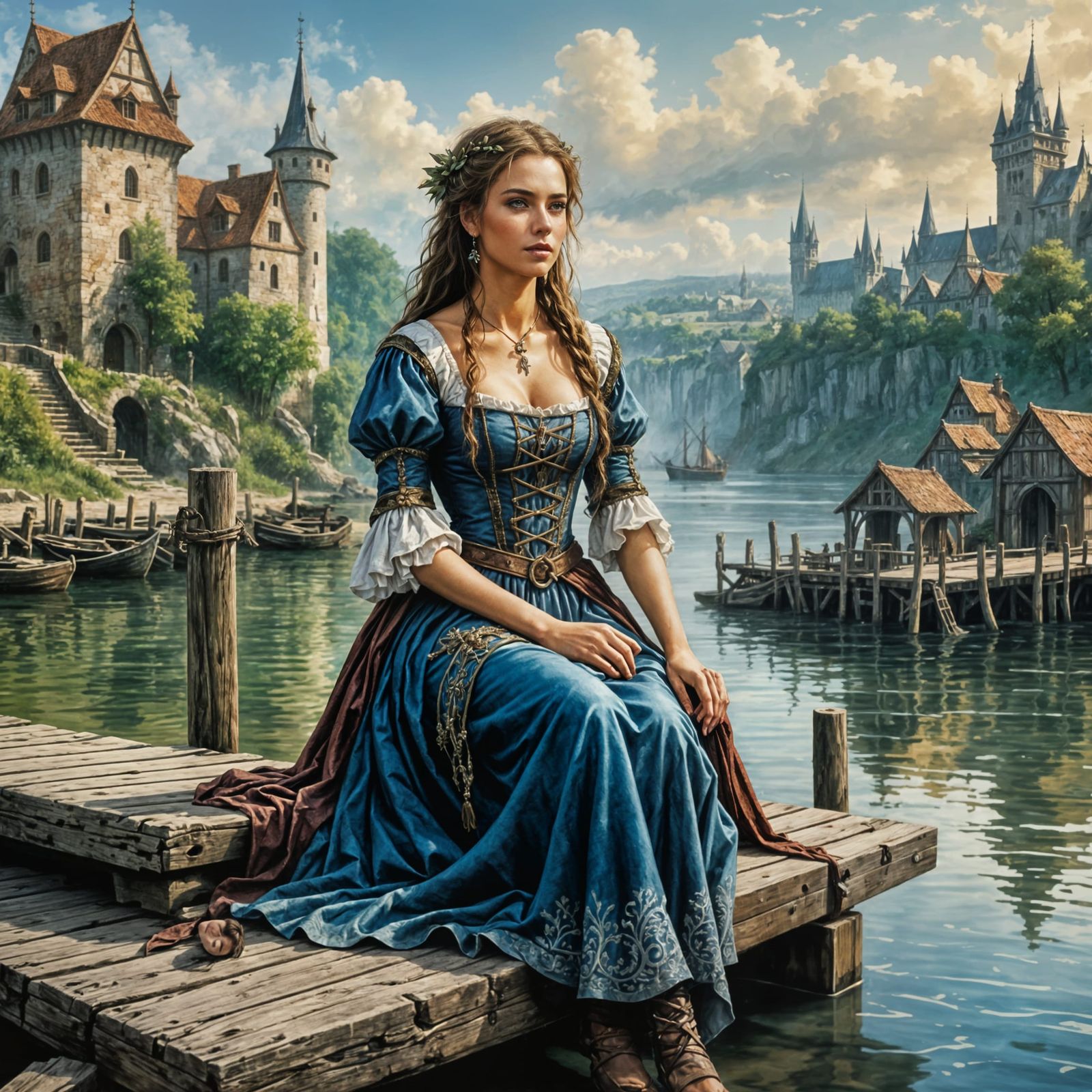 Medieval Woman Relaxing by River: Comic Book Style