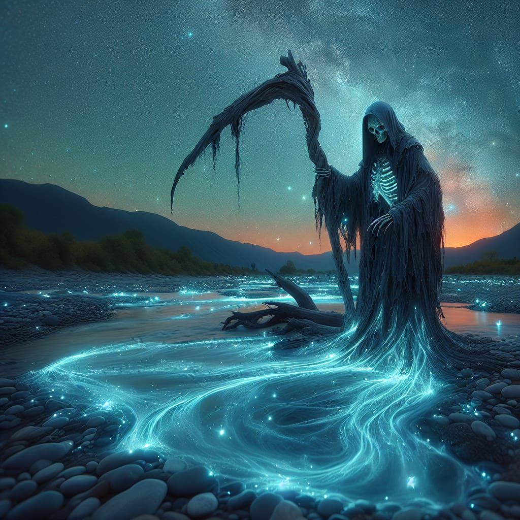 Ethereal Fairy Grim Reaper in Bioluminescent River