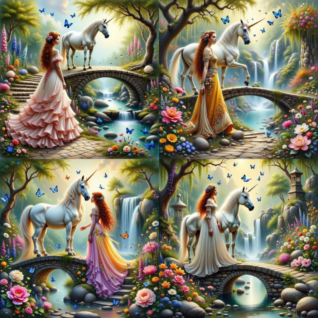 Ethereal Watercolor Portrait of a Victorian Girl and Unicorn...