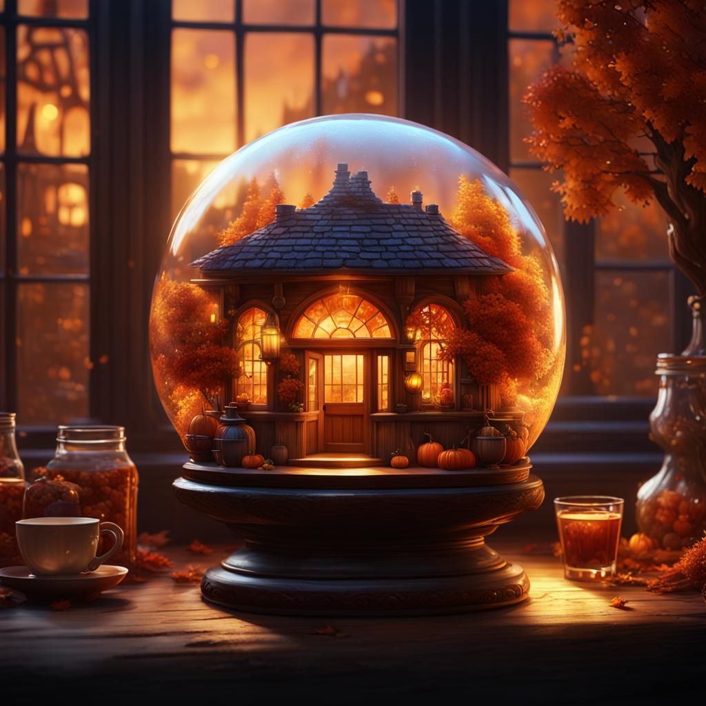 Fantasy Tavern in Glass Orb: Autumn Sunset