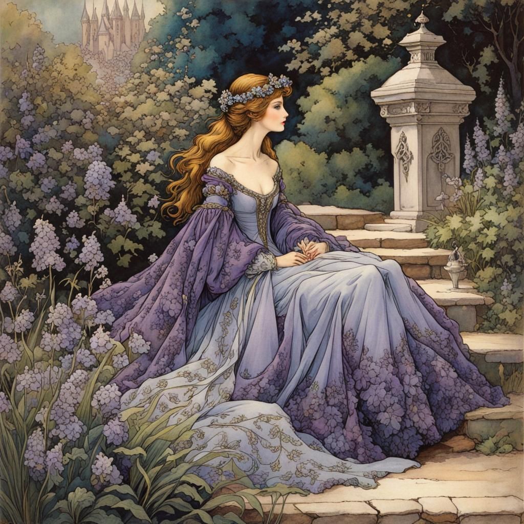 Medieval Maiden in Heliotrope Garden, Arthur Rackham Style