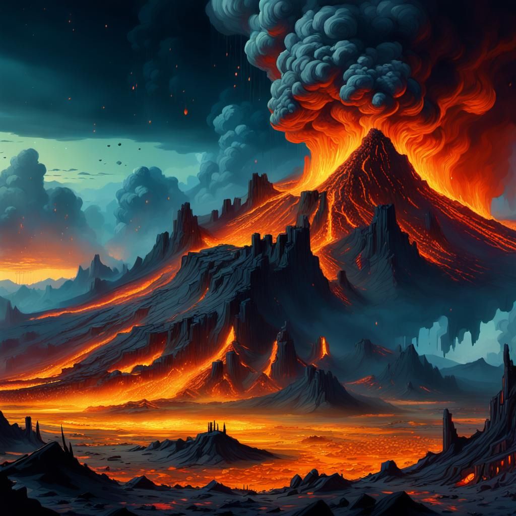 Mystical Volcano Landscape with Fiery Magma