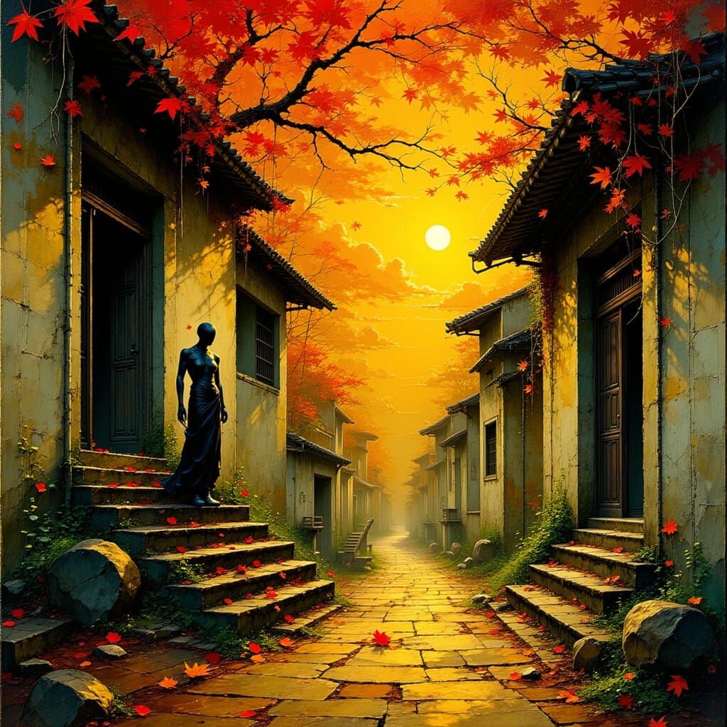 Golden Twilight Autumn Alleyway in Embossed Abstract Style