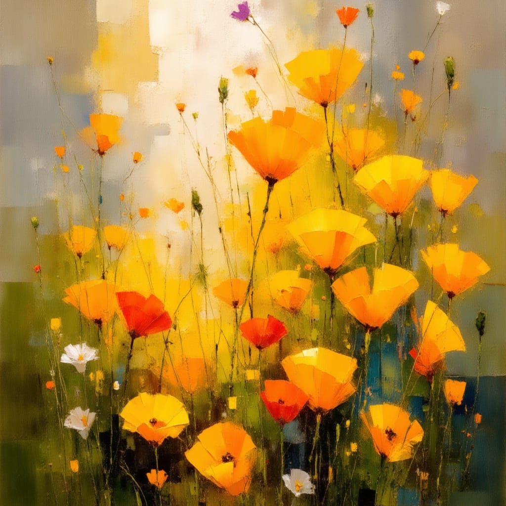 Surreal Landscape with Poppies in a Vibrant Color Palette