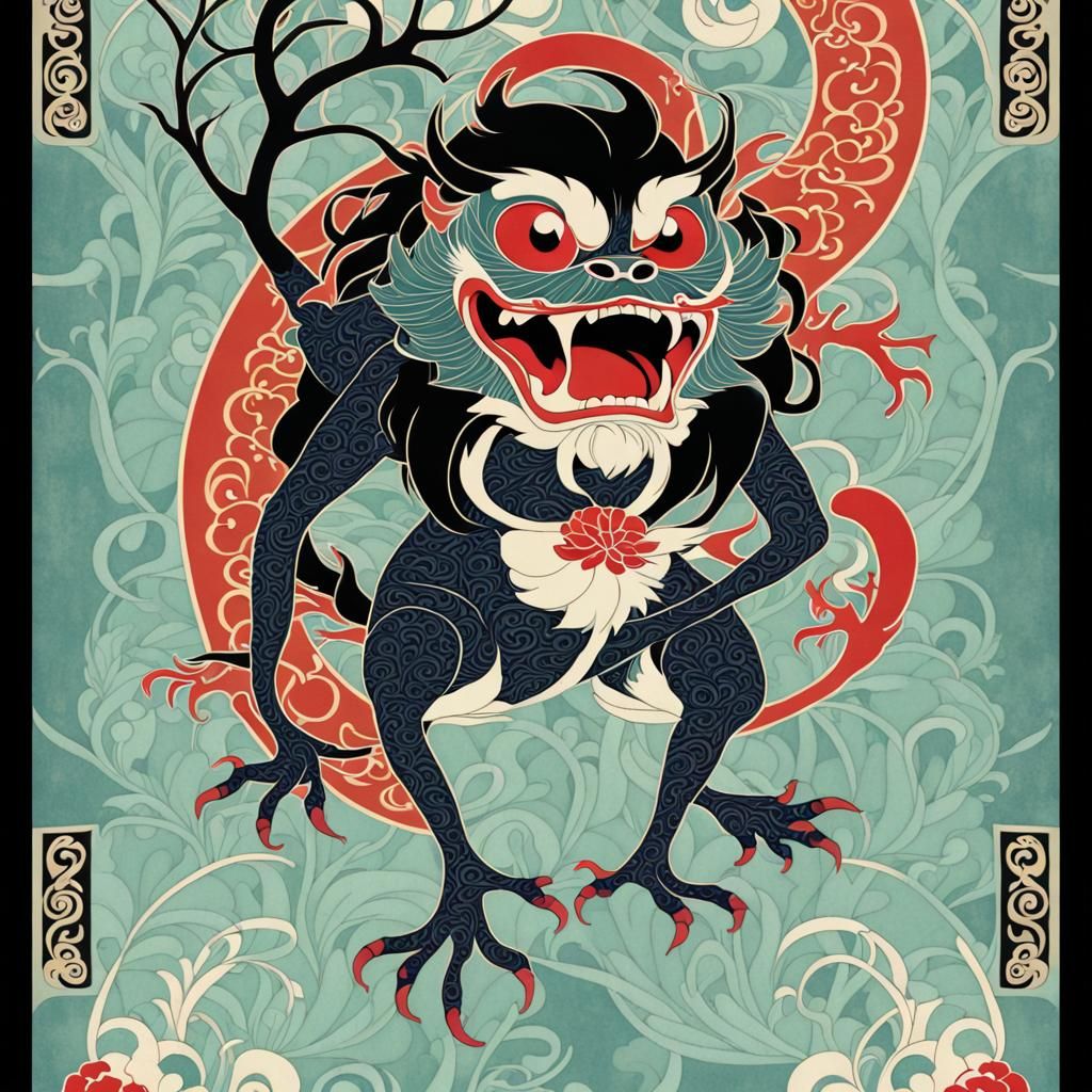 Vintage Japanese Art Nouveau Monster Illustration