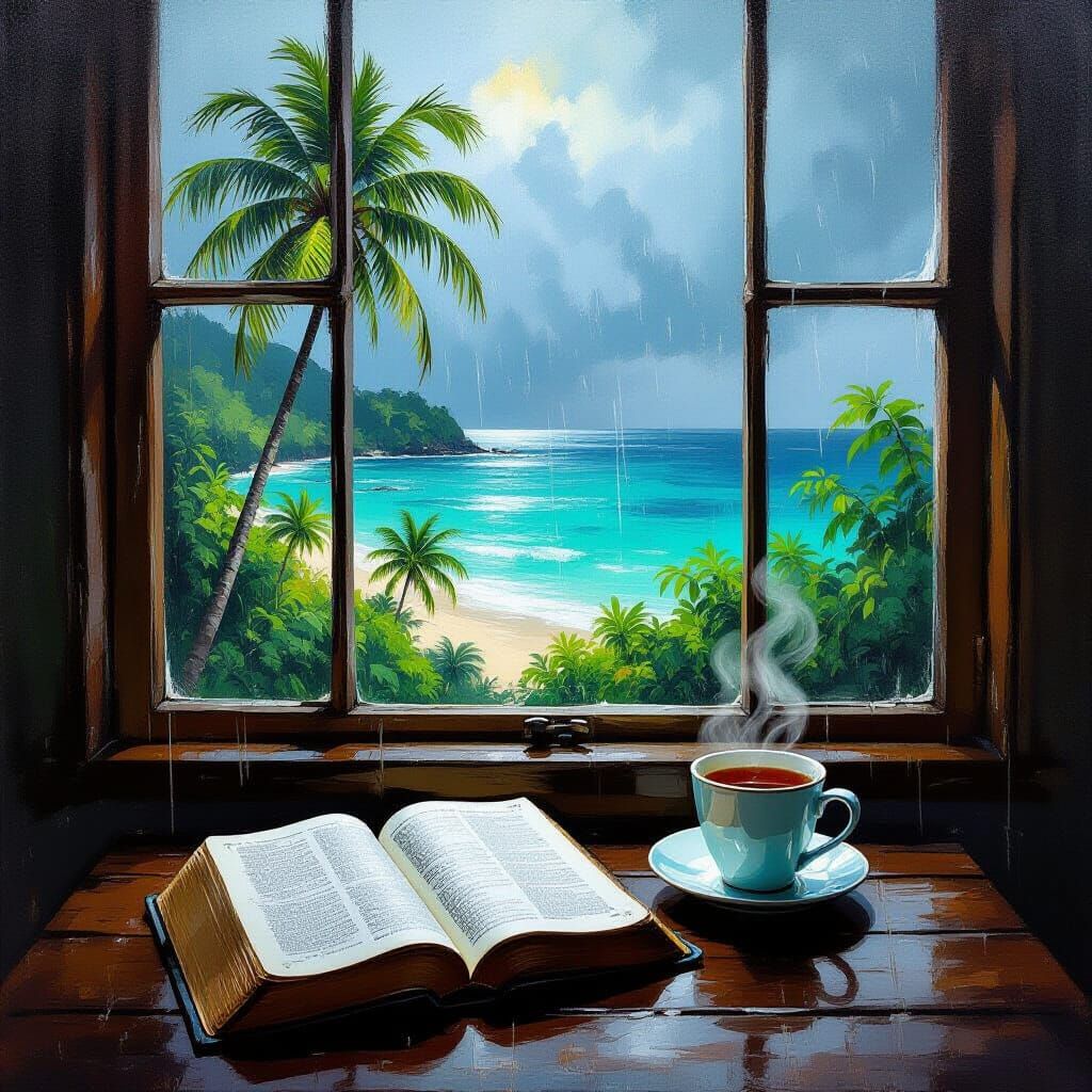 Cozy Rainy Day Sanctuary with Tea and Bible