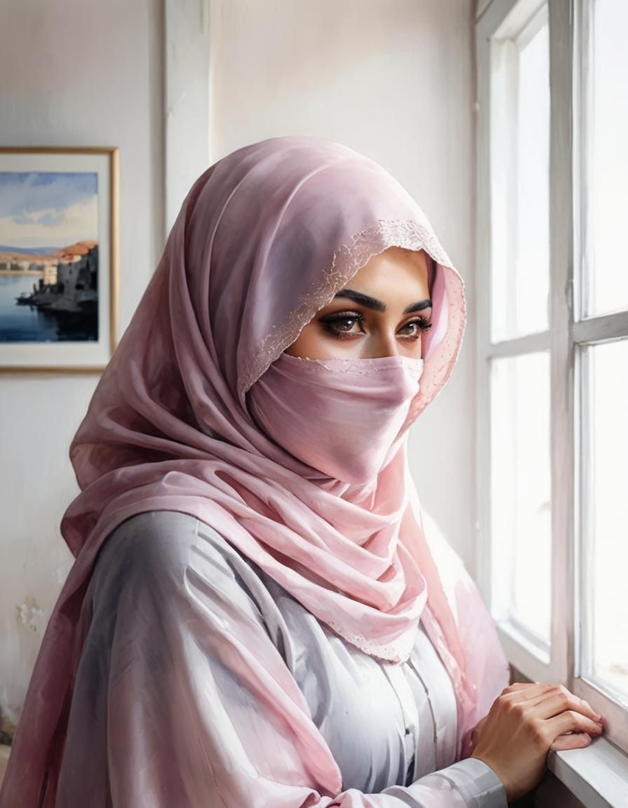 Woman in Pink Niqab Watercolor Portrait