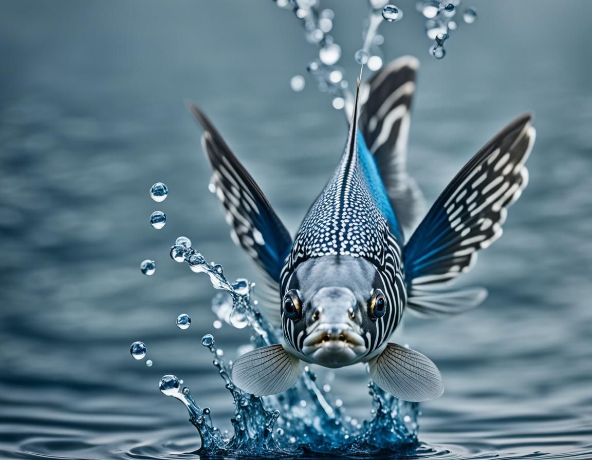 Winged Fish Leaping from Water in Silver and Blue