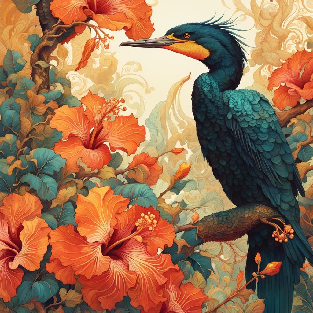 Giant Cormorants and Hibiscus in African Batik Style