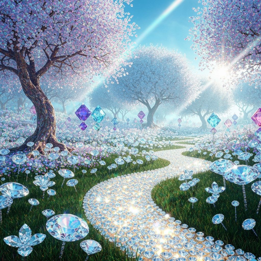 Magical Diamond Garden with Crystal Flowers and Gemstone Tre...