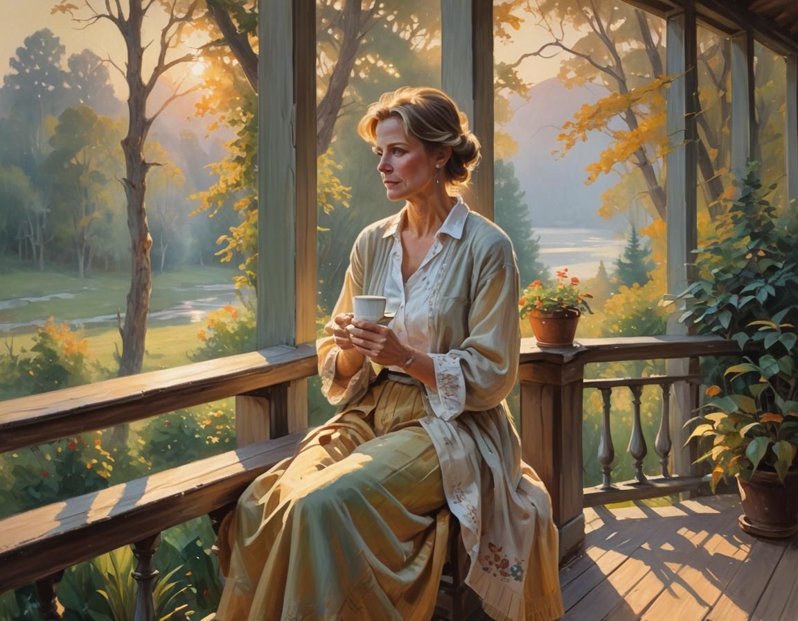 Impressionist Woman Sipping Coffee at Sunrise