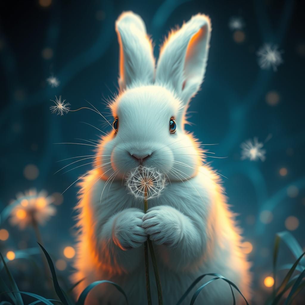 Rabbit and Dandelion in Dreamlike Gothic Setting