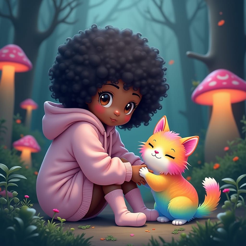 Anime Girl Petting Rainbow Cat in Fantasy Style