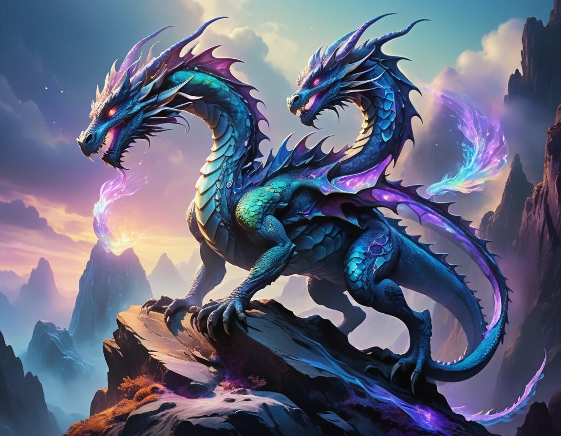 Iridescent Dragon-like Creature on Crystalline Rock