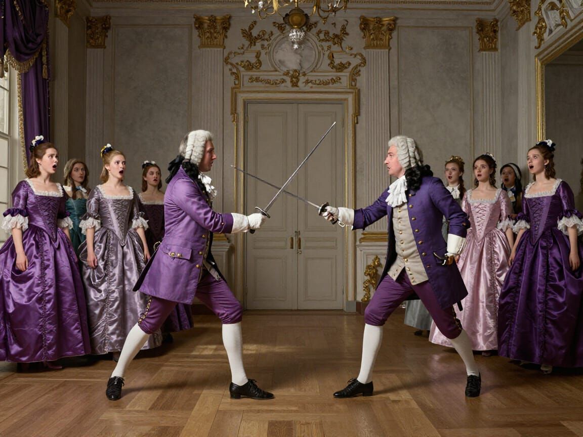 Baroque Duel: Officers Clash in Violet Uniforms