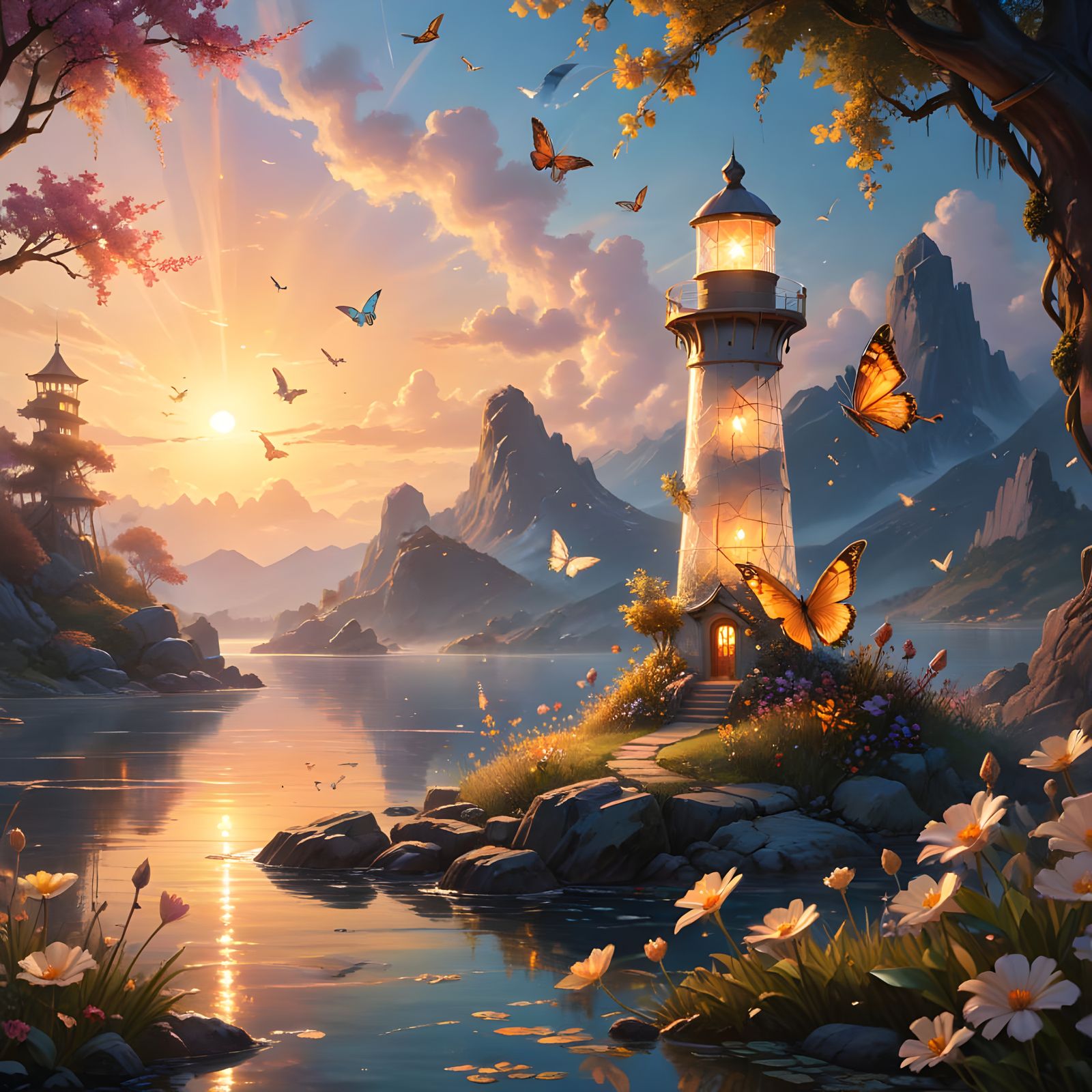 Fantasy Lighthouse Scene with Dragon and Fairy Cats