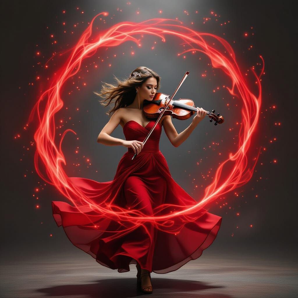 Violinist Levitating in Red Magic Swirl