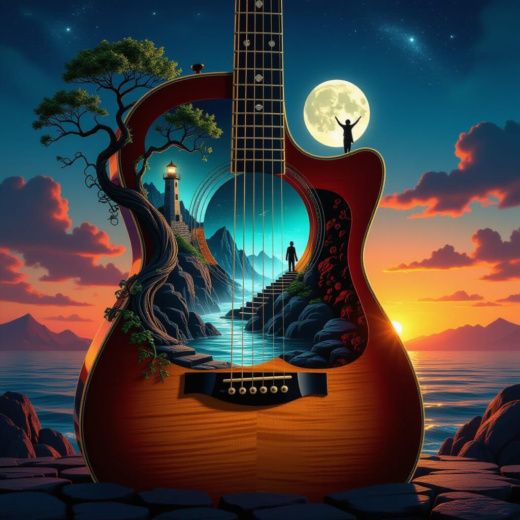 Surreal Fantasy World Inside Acoustic Guitar at Sunset