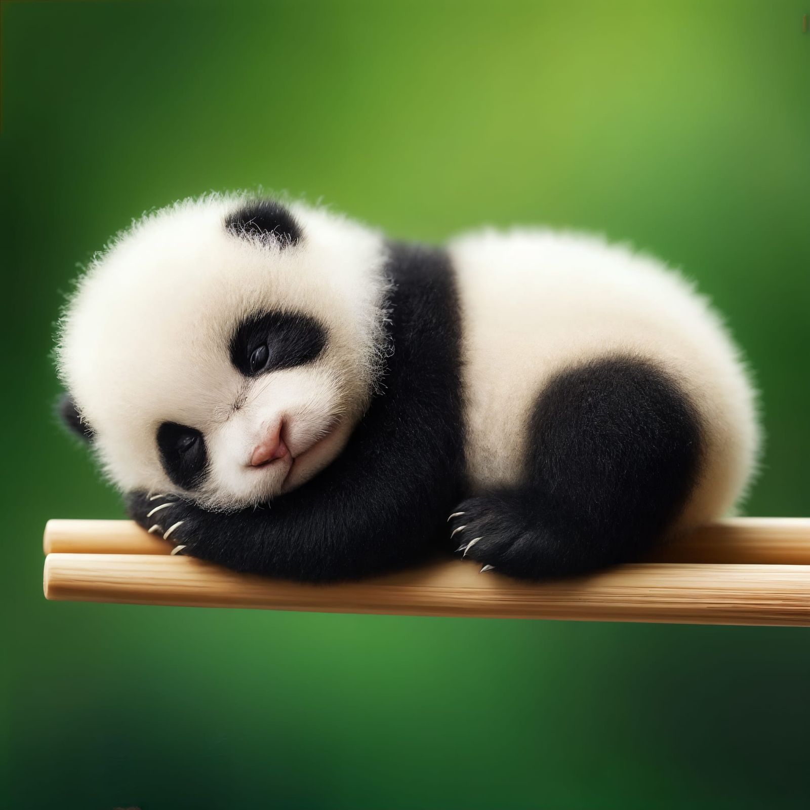 Newborn Panda Bear Cub Sleeps on Chopsticks in Serene Surrou...