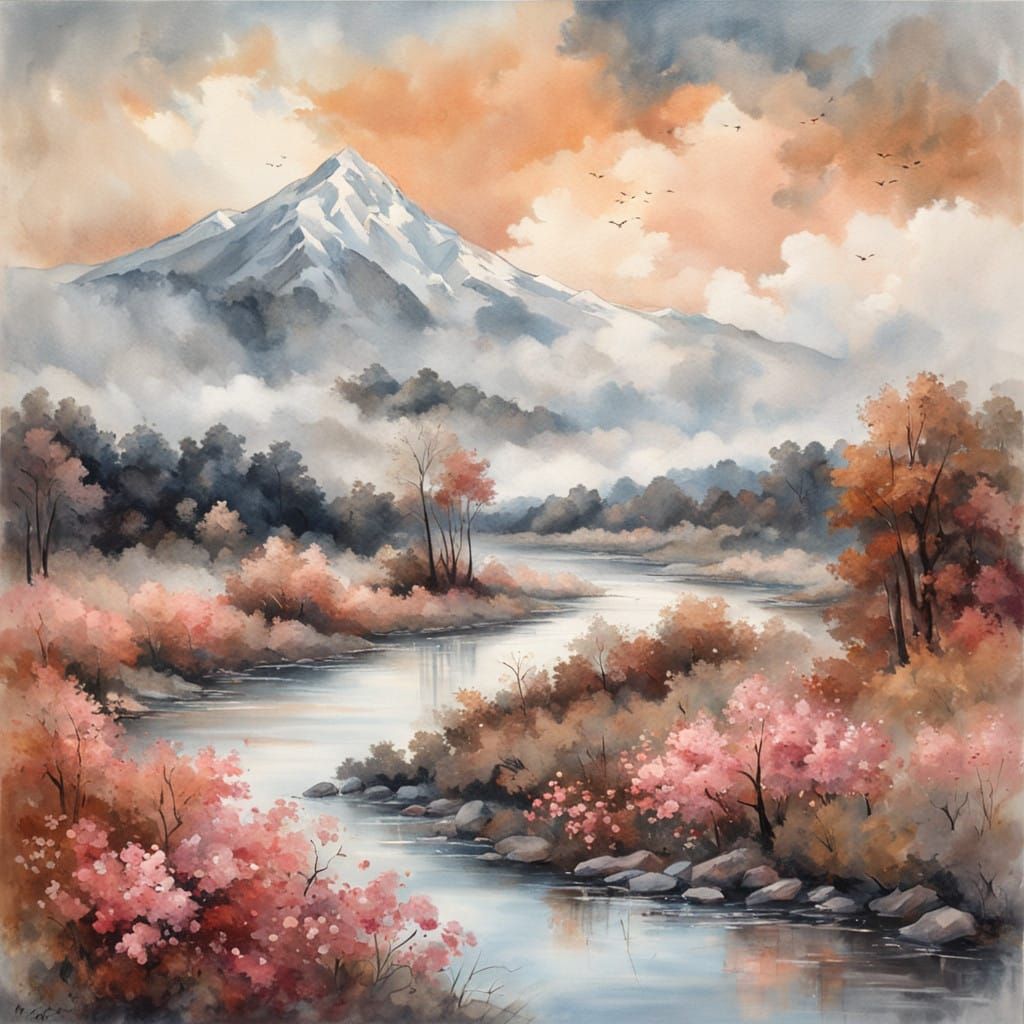 Banks of a Serene River with Vibrant Flowers