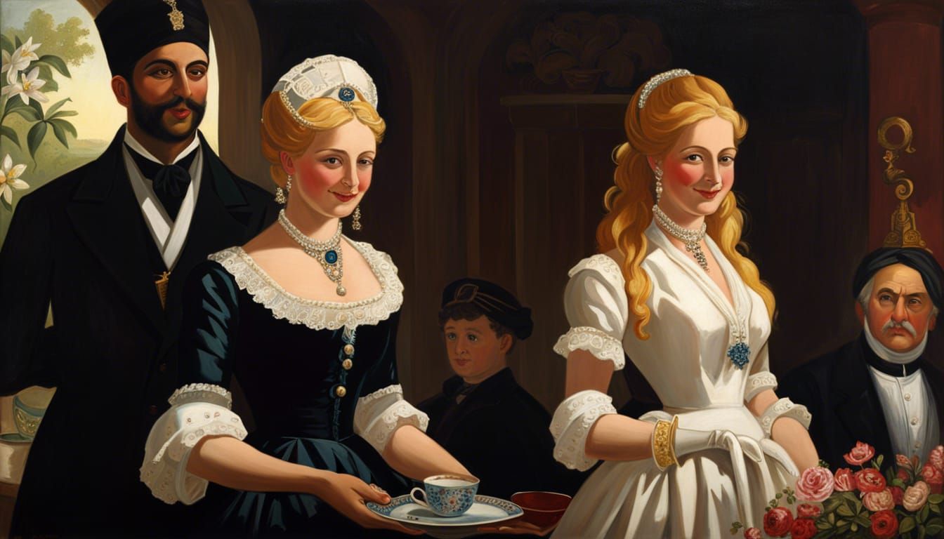 Victorian Heiress Portrait with Bodyguard and Maid