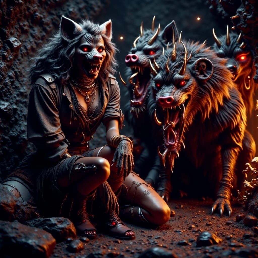 Dark Fantasy Wolves Under Siege by Menacing Pigs in a Haunti...