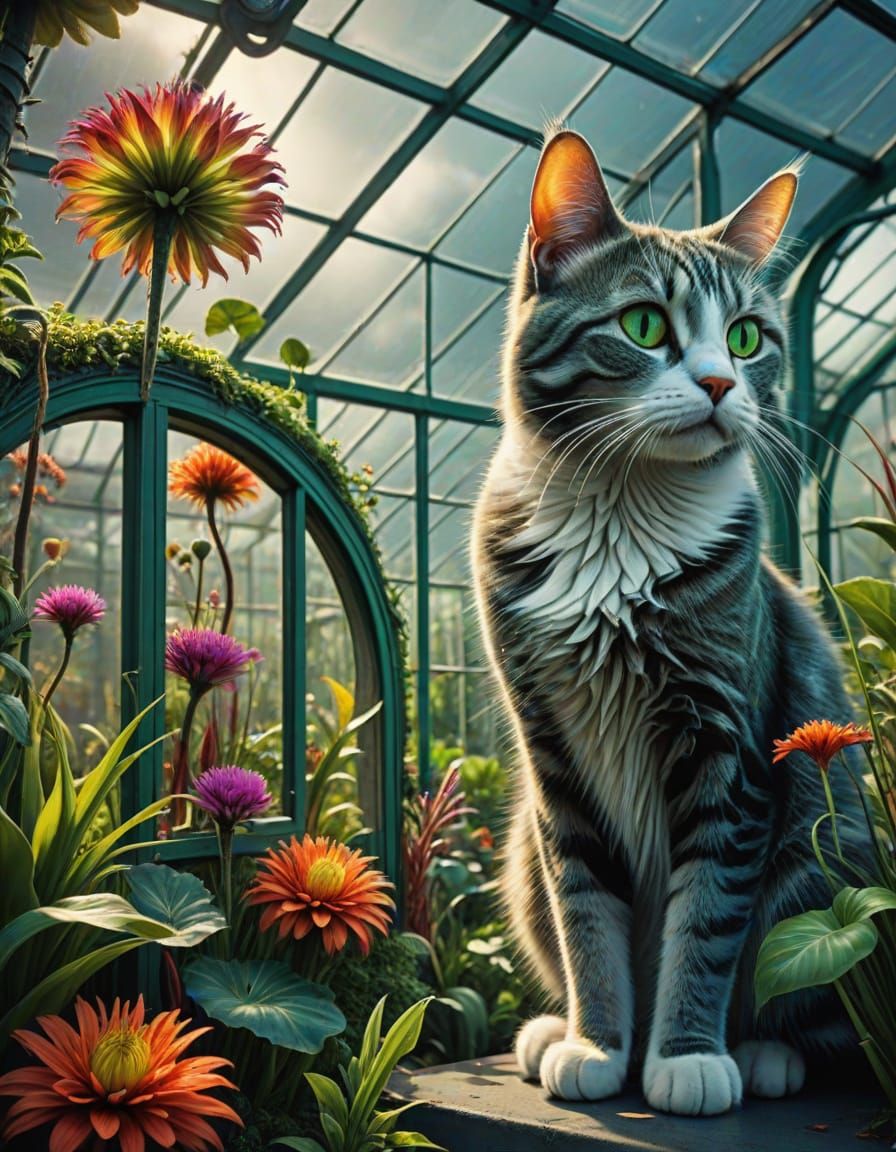 Surreal Cat in Lush Greenhouse Illustration