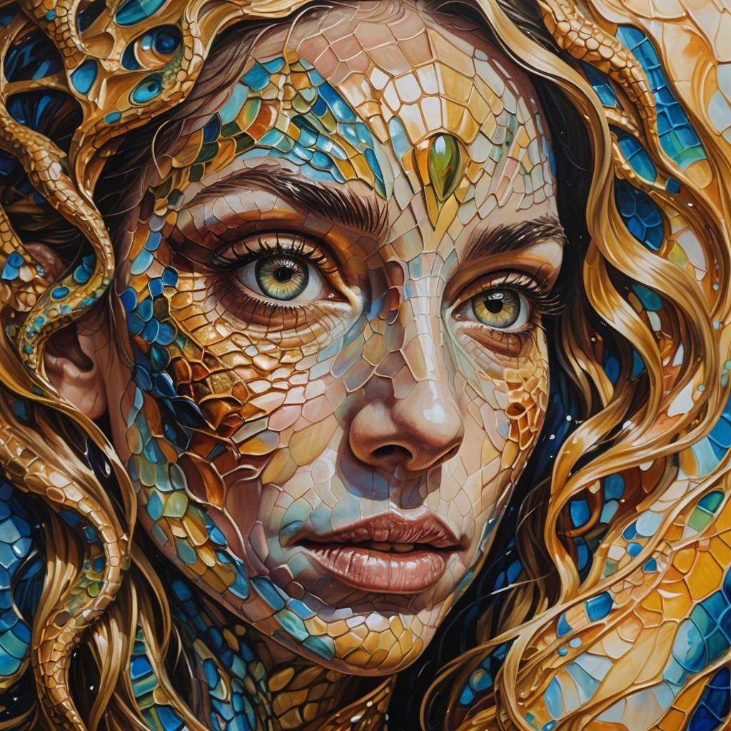 Woman with Melting Reptilian Scales in Vivid Oil Painting