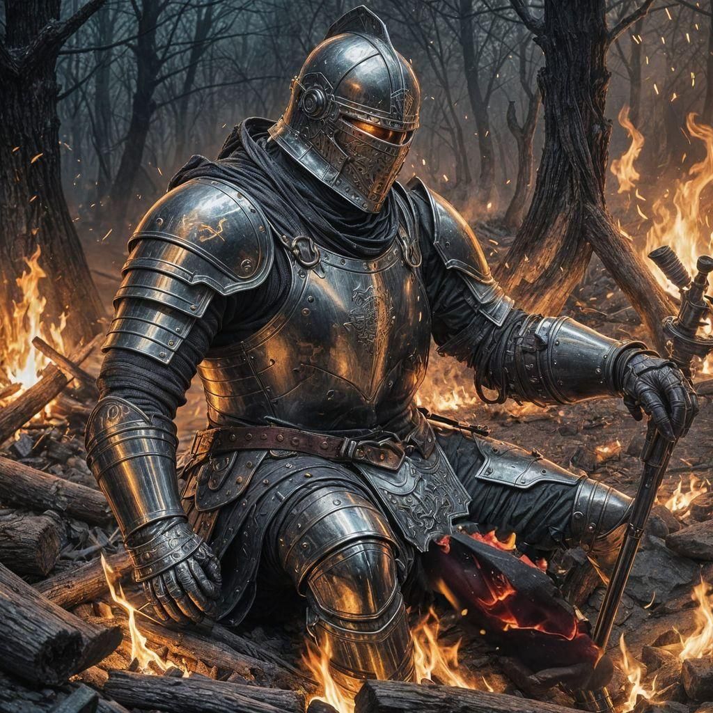 Knight at Campfire: Dark Fantasy Concept Art