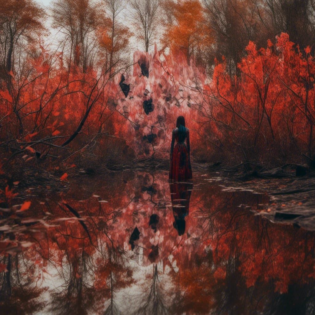 Demonic Reflection: Girl by Autumn Lake in Graffiti Art